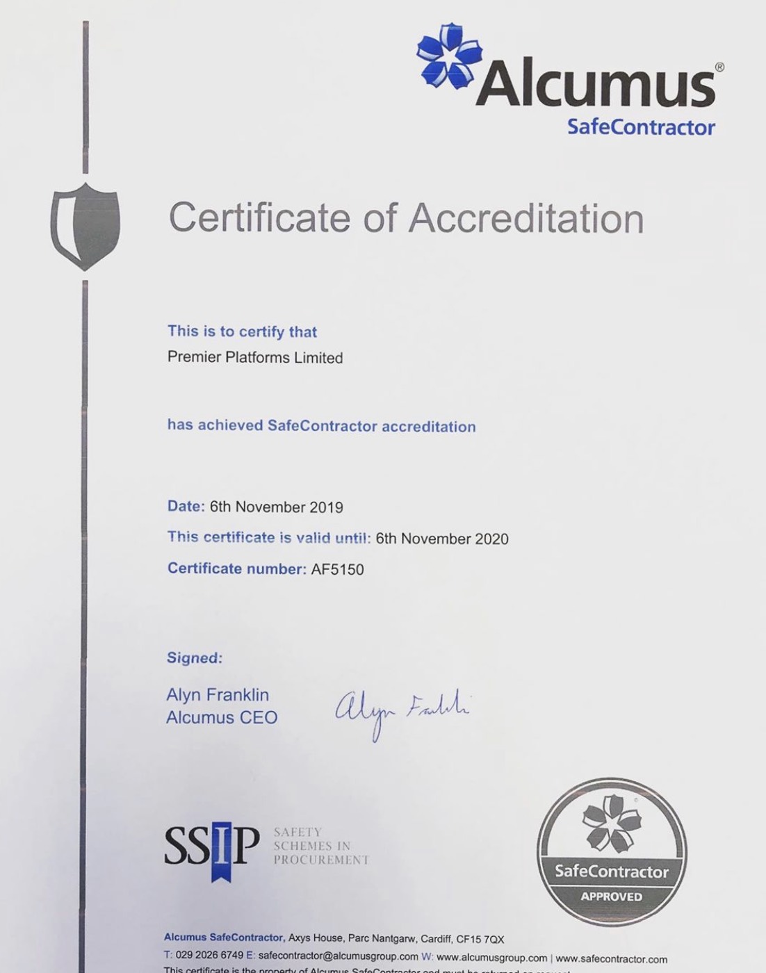 Alcumus SafeContractor Certificate